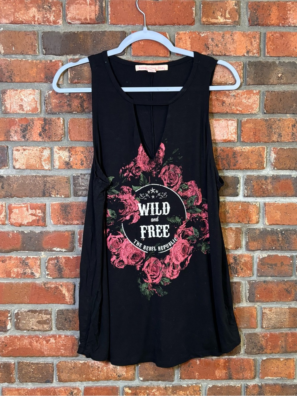 Rebellious. One womens Wild and Free graphic cut out tank top black 1X